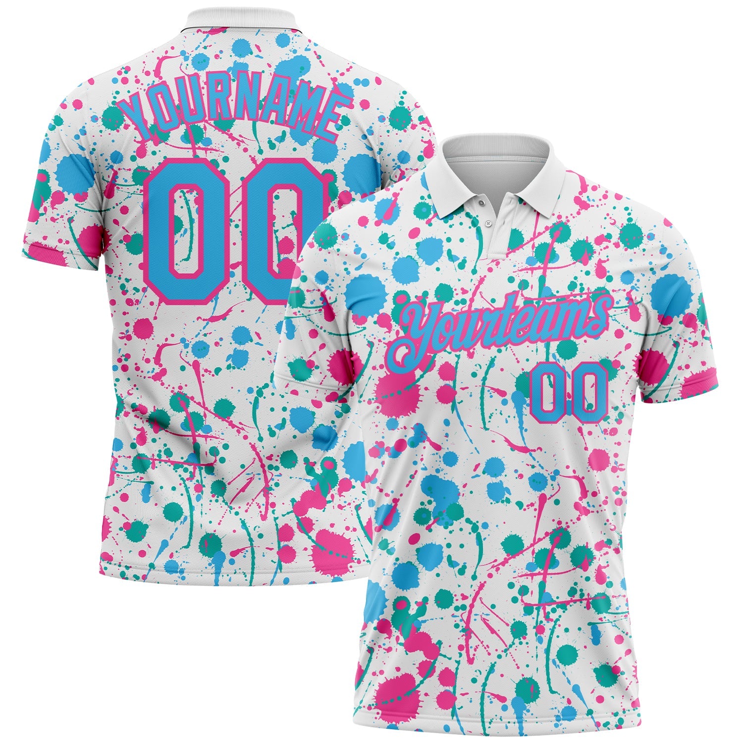 Custom Graffiti Pattern Sky Blue White Pink-Aqua Vibrant Multi-Color Abstract Splatter Performance Polo Shirt