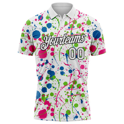 Custom Graffiti Pattern White Blue Hot Pink Aurora Green-Black Vibrant Multi-Color Abstract Splatter Performance Polo Shirt