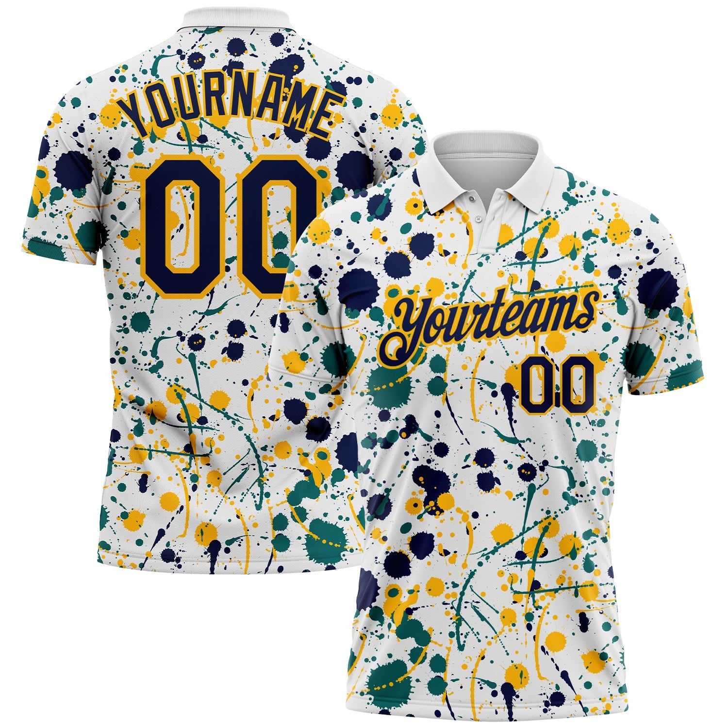 Custom Graffiti Pattern Navy White Teal-Gold Vibrant Multi-Color Abstract Splatter Performance Polo Shirt