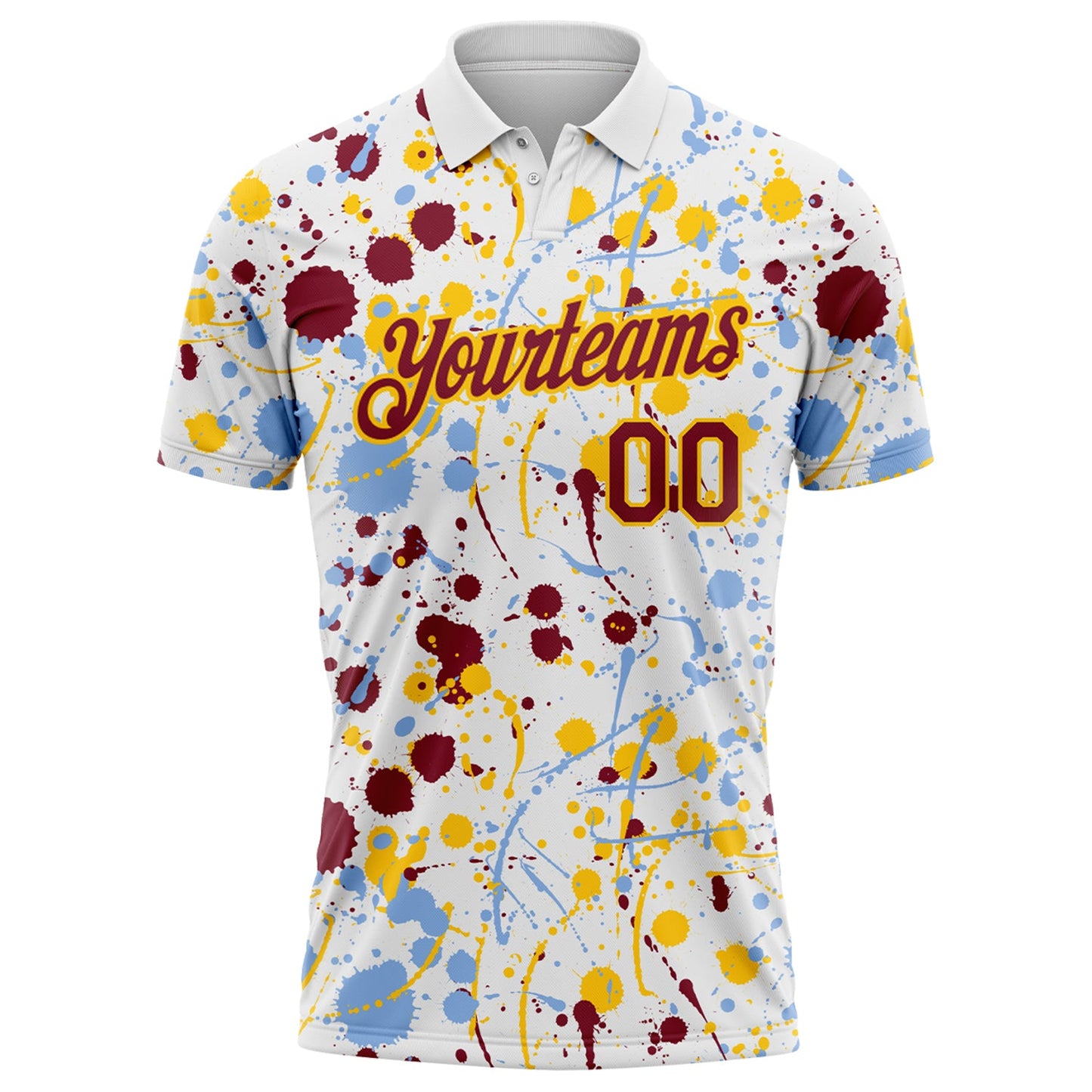 Custom Graffiti Pattern Crimson White Light Blue-Yellow Vibrant Multi-Color Abstract Splatter Performance Polo Shirt