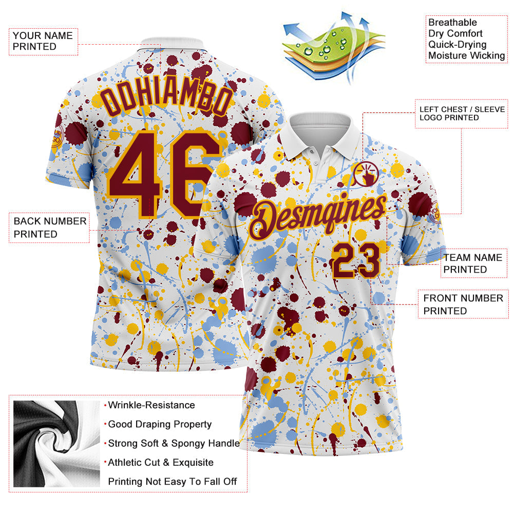 Custom Graffiti Pattern Crimson White Light Blue-Yellow Vibrant Multi-Color Abstract Splatter Performance Polo Shirt