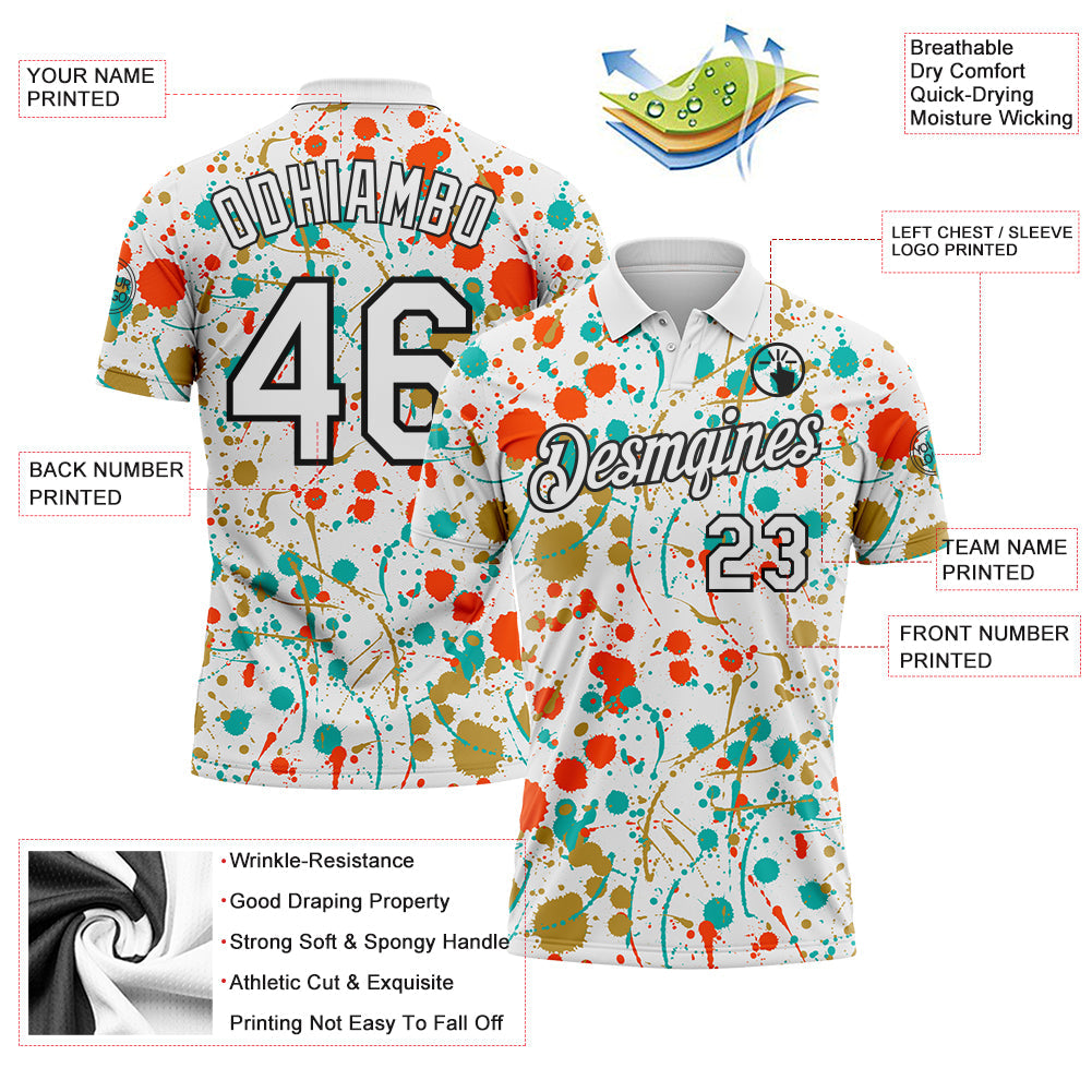Custom Graffiti Pattern White Orange Old Gold Aqua-Black Vibrant Multi-Color Abstract Splatter Performance Polo Shirt