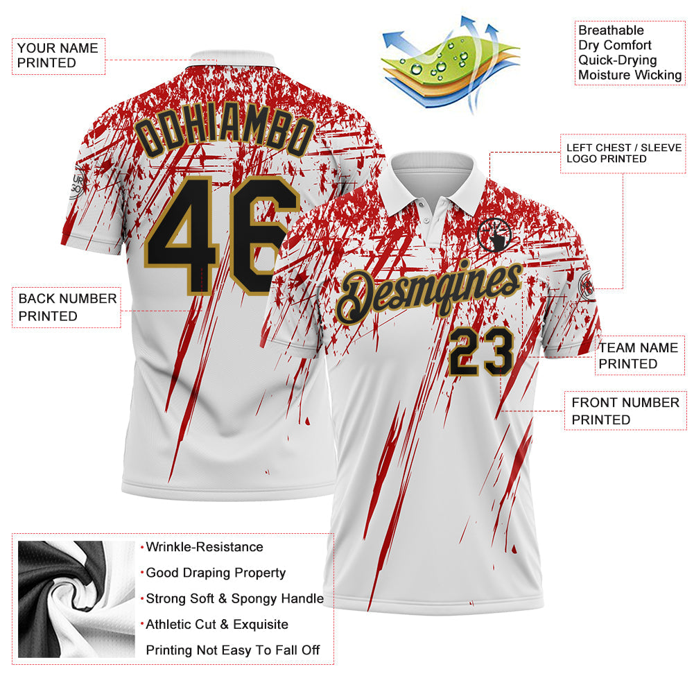 Custom White Black Red-Old Gold Distressed Scratch Brush Stroke Performance Polo Shirt