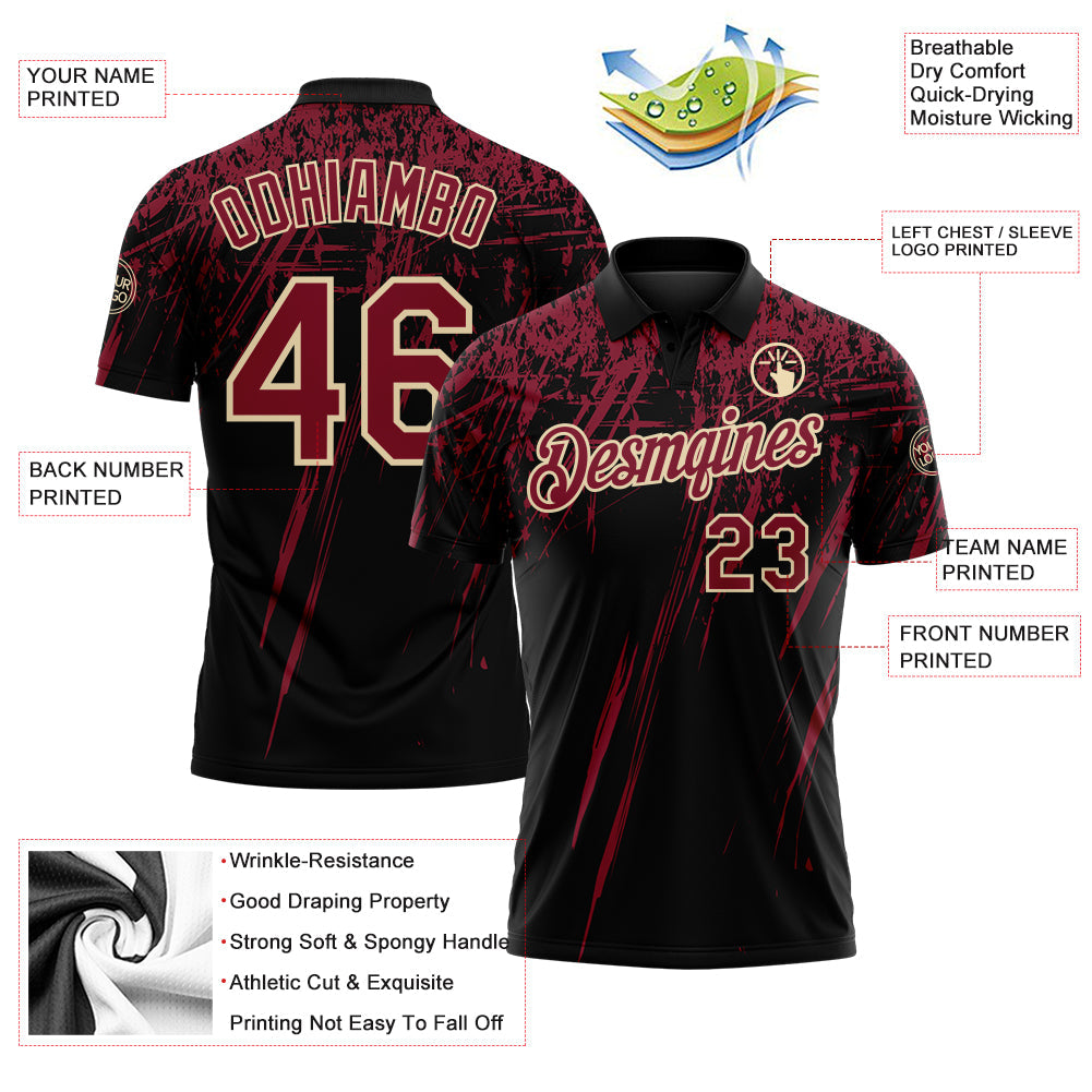 Custom Black Crimson-Cream Distressed Scratch Brush Stroke Performance Polo Shirt