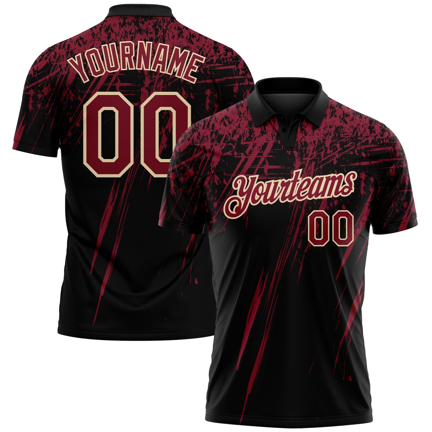 Custom Black Crimson-Cream Distressed Scratch Brush Stroke Performance Polo Shirt