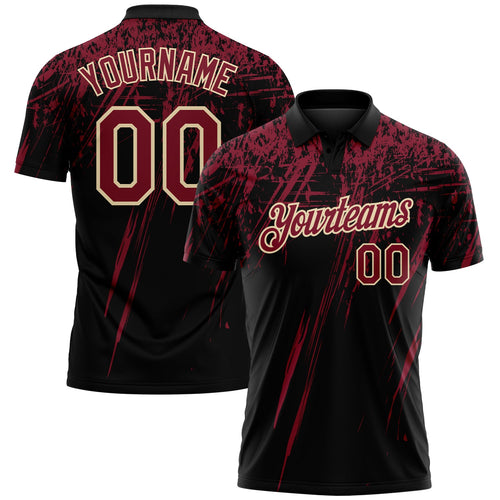 Custom Black Crimson-Cream Distressed Scratch Brush Stroke Performance Polo Shirt
