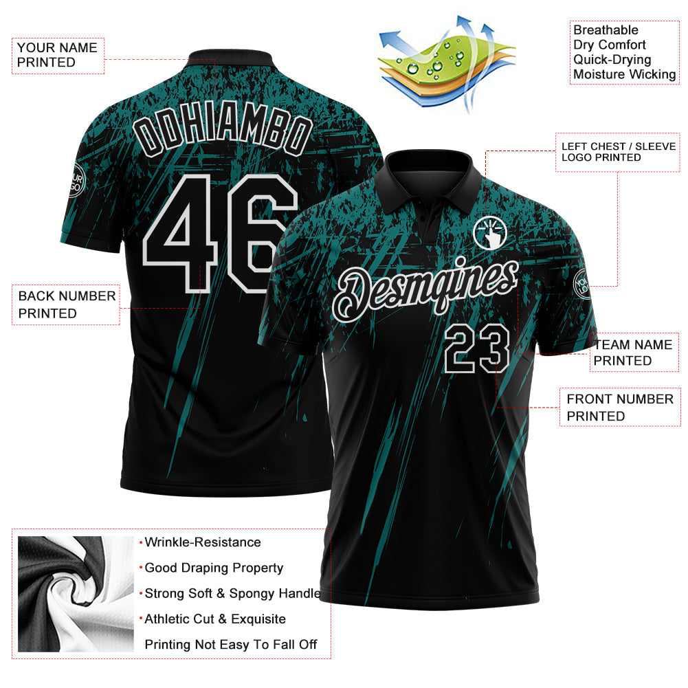 Custom Black Teal-White Distressed Scratch Brush Stroke Performance Polo Shirt