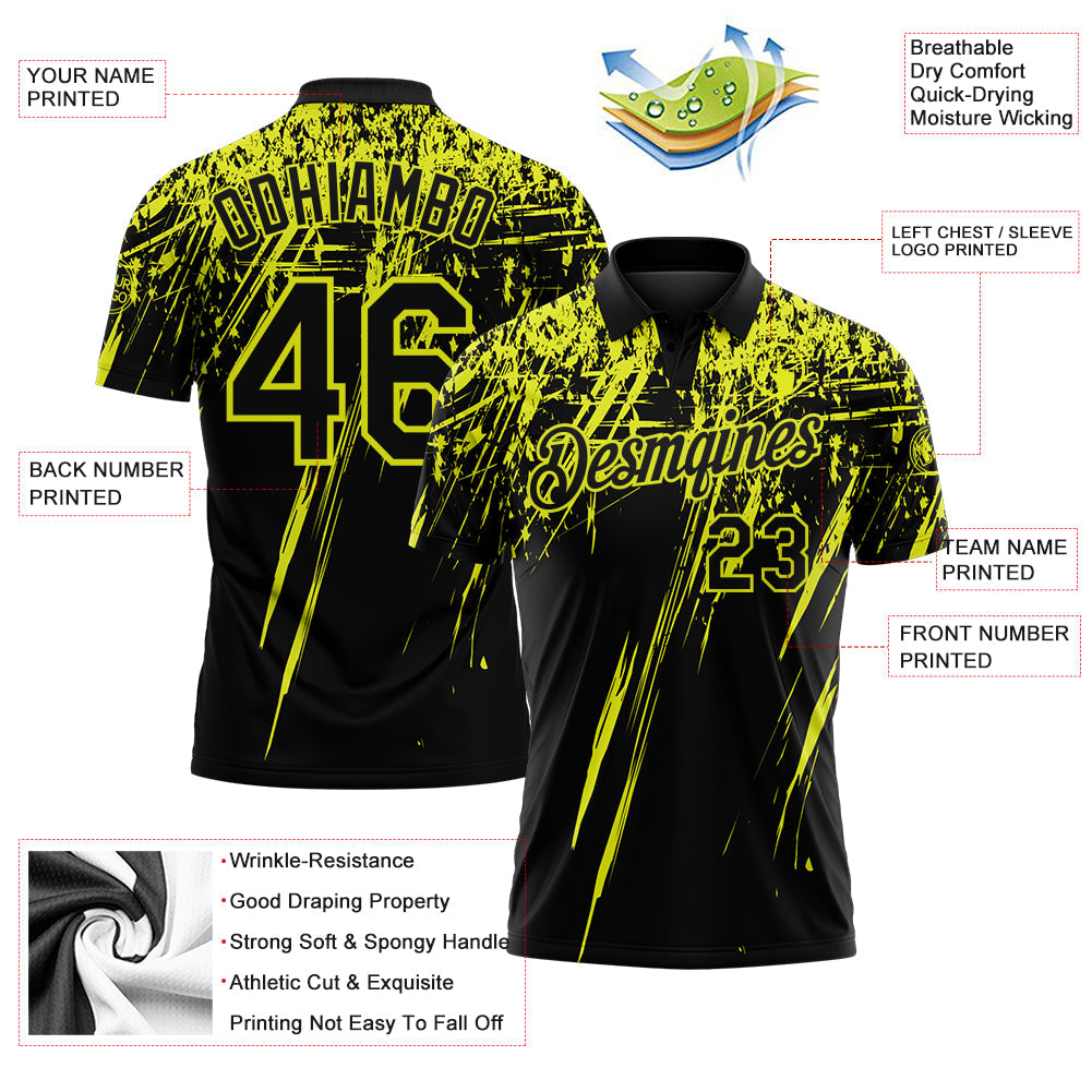 Custom Black-Neon Yellow Distressed Scratch Brush Stroke Performance Polo Shirt