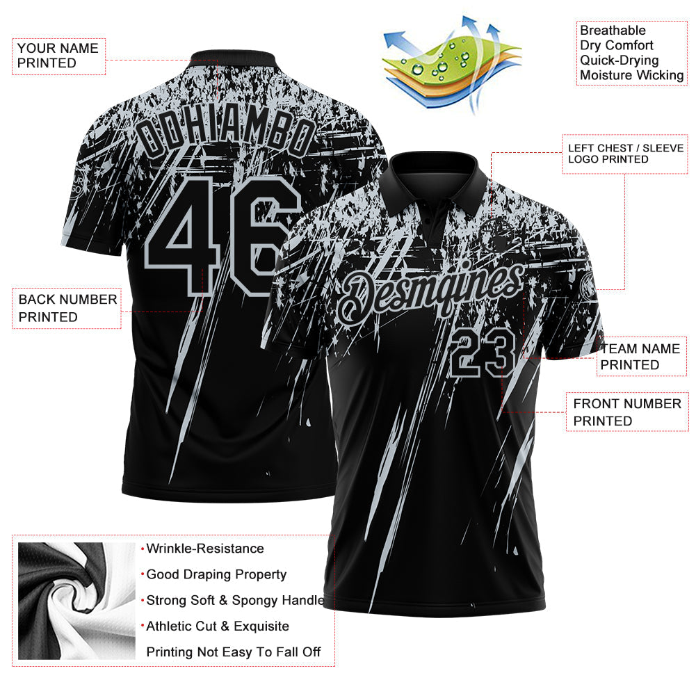 Custom Black-Silver Distressed Scratch Brush Stroke Performance Polo Shirt
