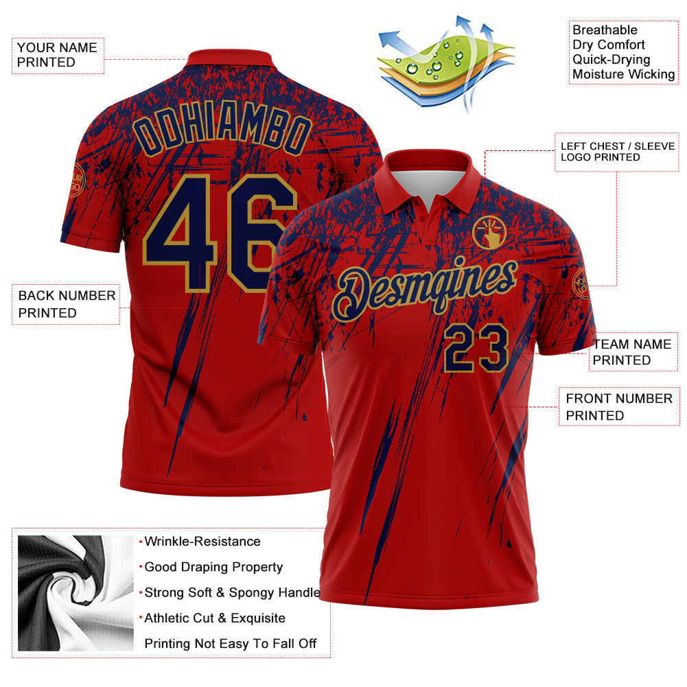 Custom Red Navy-Old Gold Distressed Scratch Brush Stroke Performance Polo Shirt