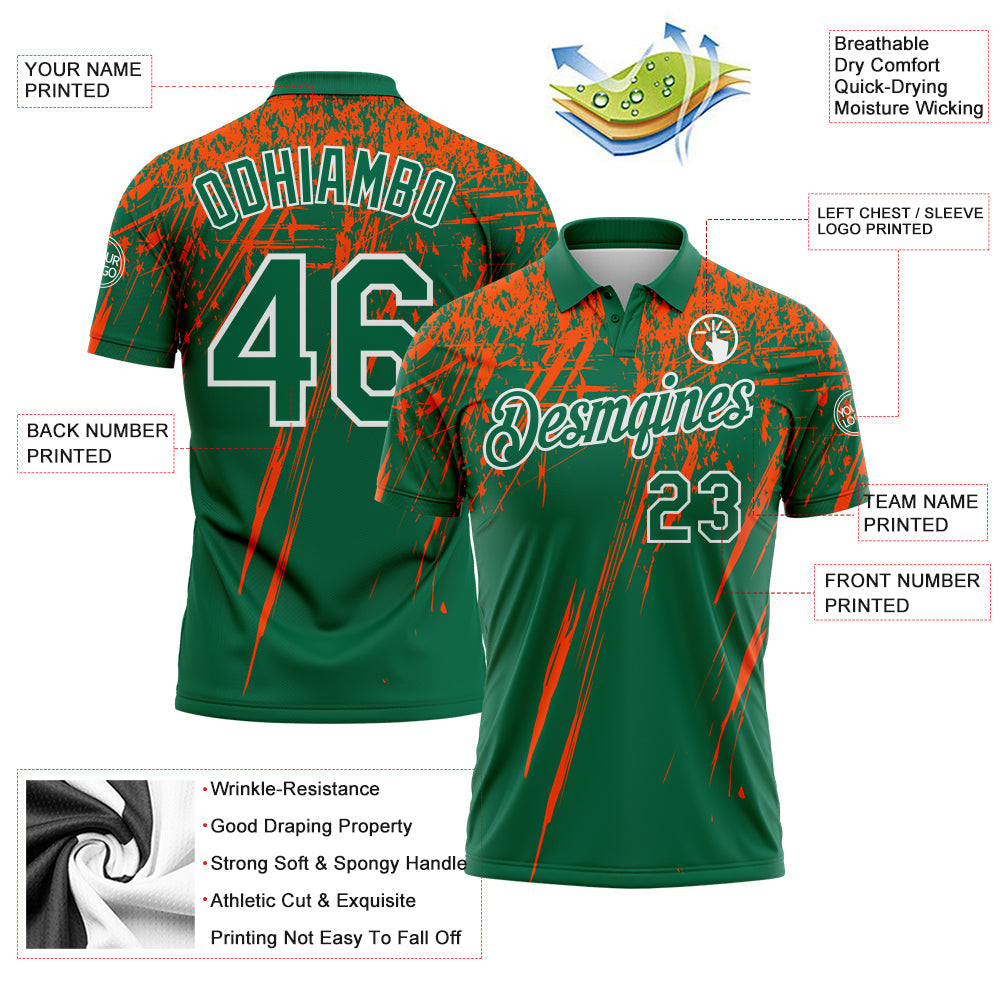 Custom Kelly Green Orange-White Distressed Scratch Brush Stroke Performance Polo Shirt