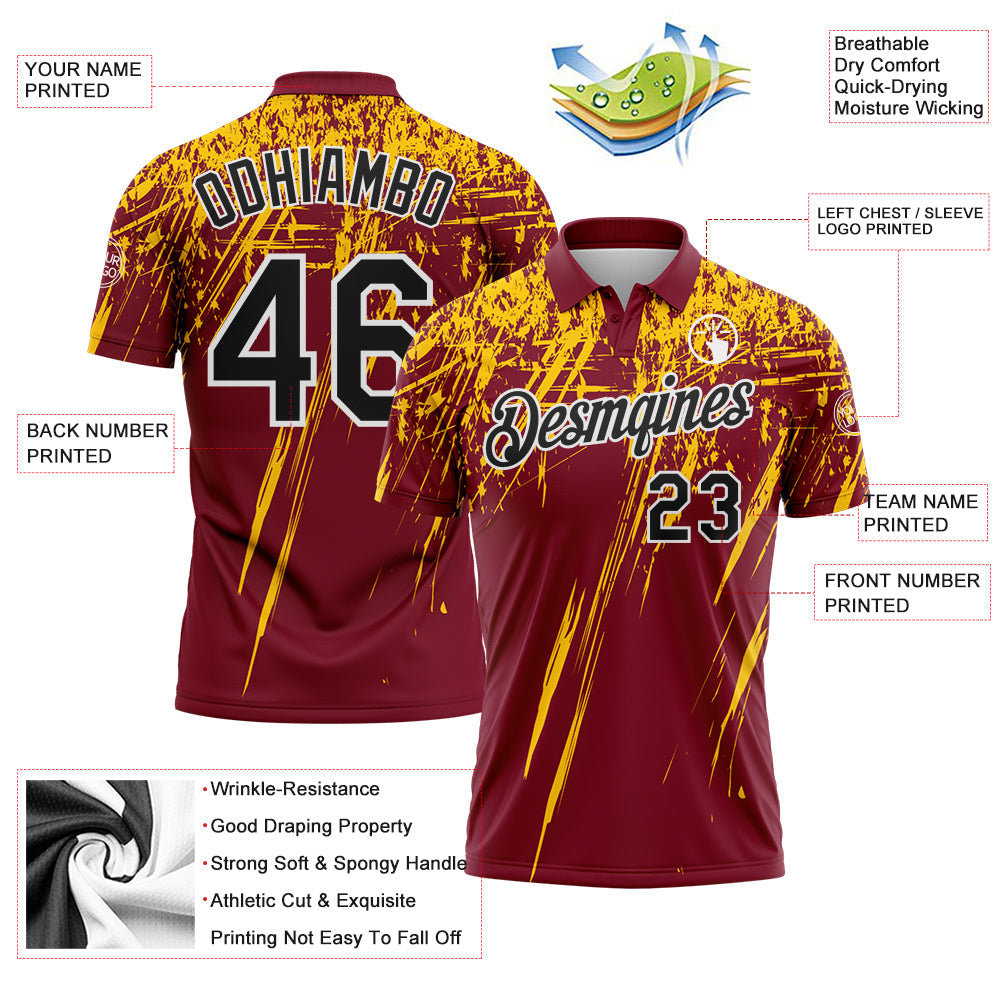 Custom Crimson Black Yellow-White Distressed Scratch Brush Stroke Performance Polo Shirt