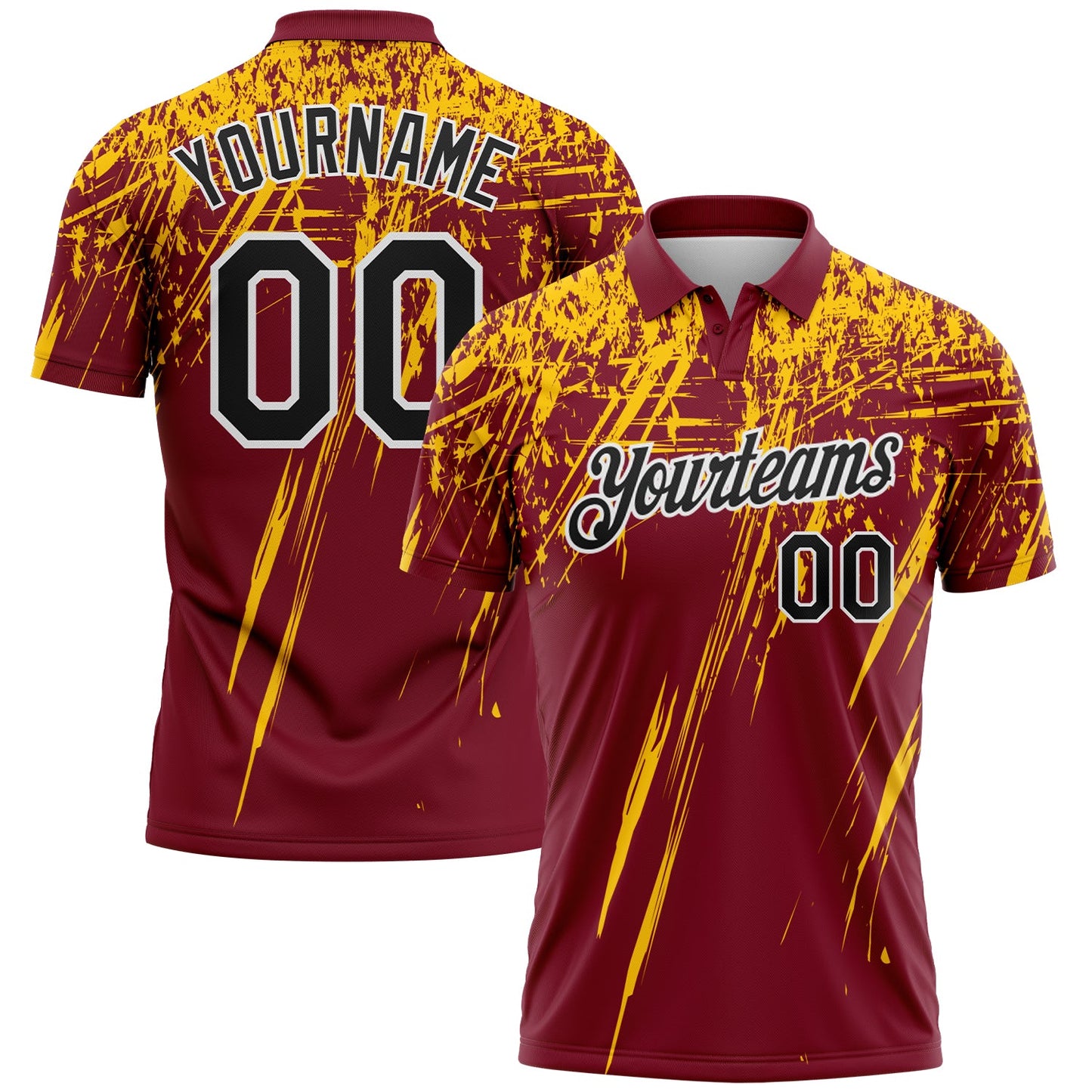 Custom Crimson Black Yellow-White Distressed Scratch Brush Stroke Performance Polo Shirt