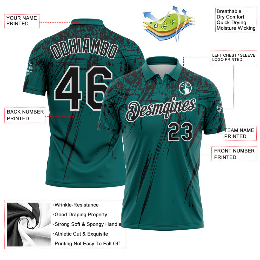 Custom Teal Black-White Distressed Scratch Brush Stroke Performance Polo Shirt