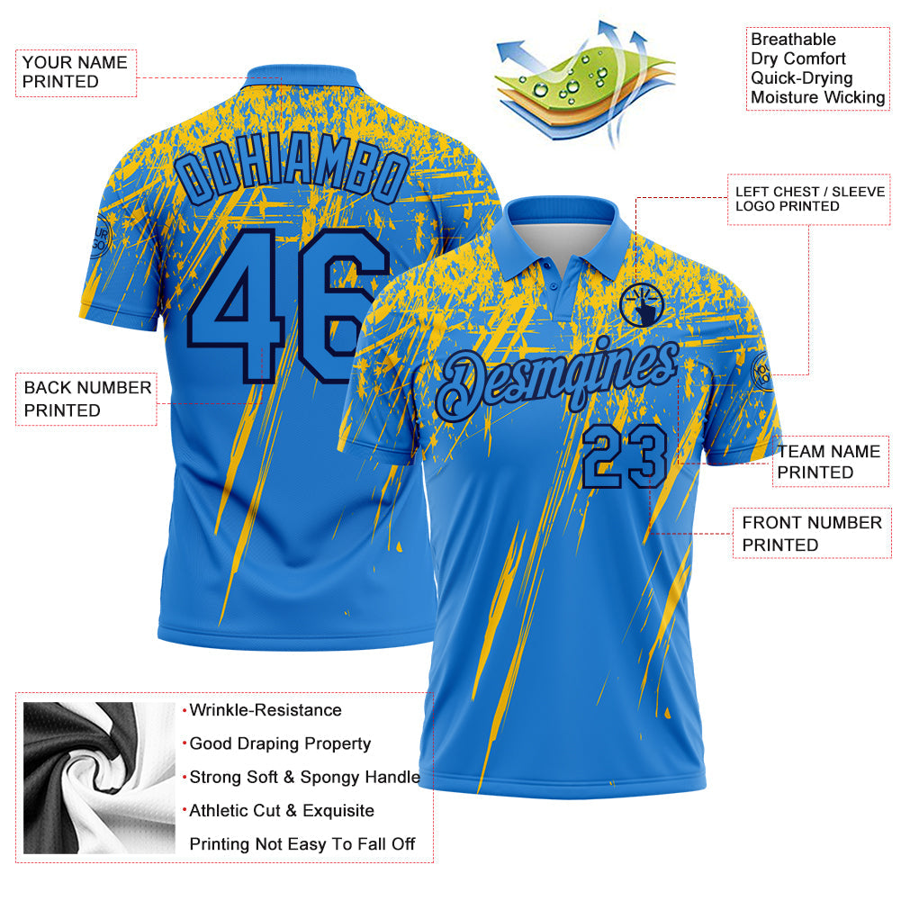 Custom Powder Blue Yellow-Navy Distressed Scratch Brush Stroke Performance Polo Shirt