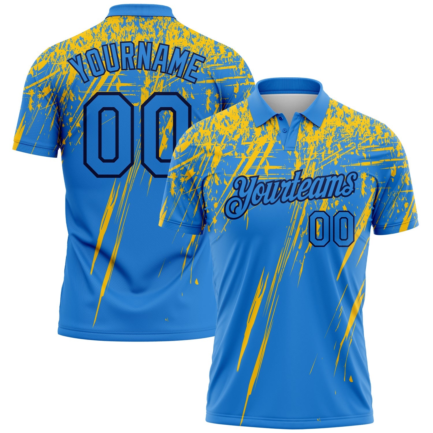 Custom Powder Blue Yellow-Navy Distressed Scratch Brush Stroke Performance Polo Shirt