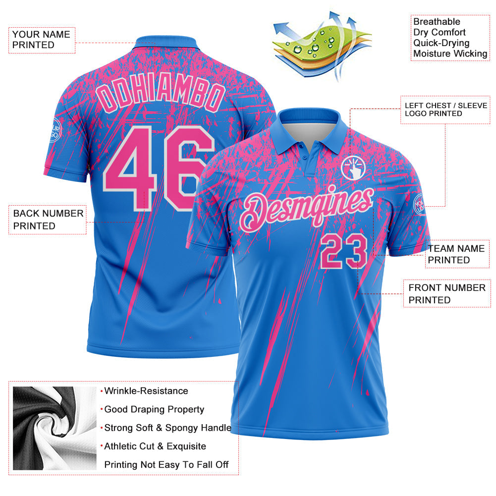 Custom Powder Blue Pink-White Distressed Scratch Brush Stroke Performance Polo Shirt