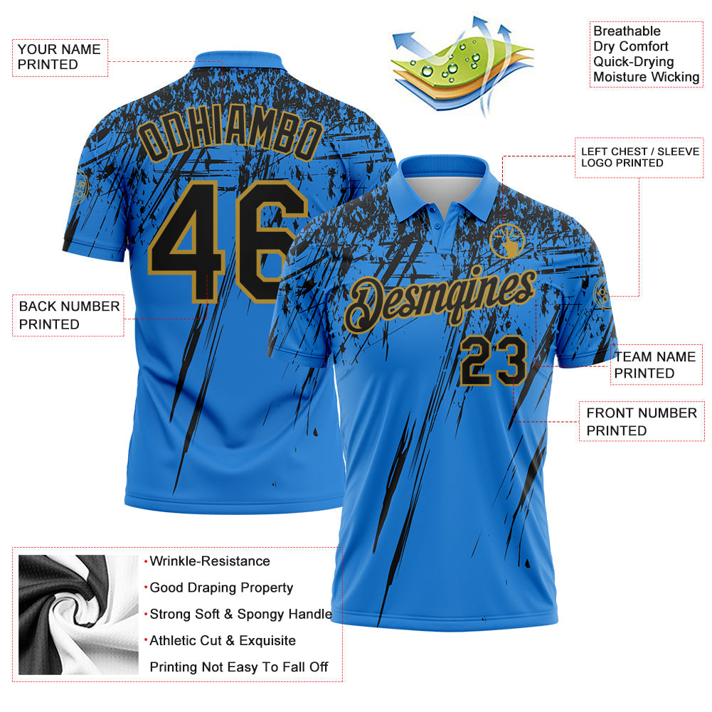 Custom Powder Blue Black-Old Gold Distressed Scratch Brush Stroke Performance Polo Shirt