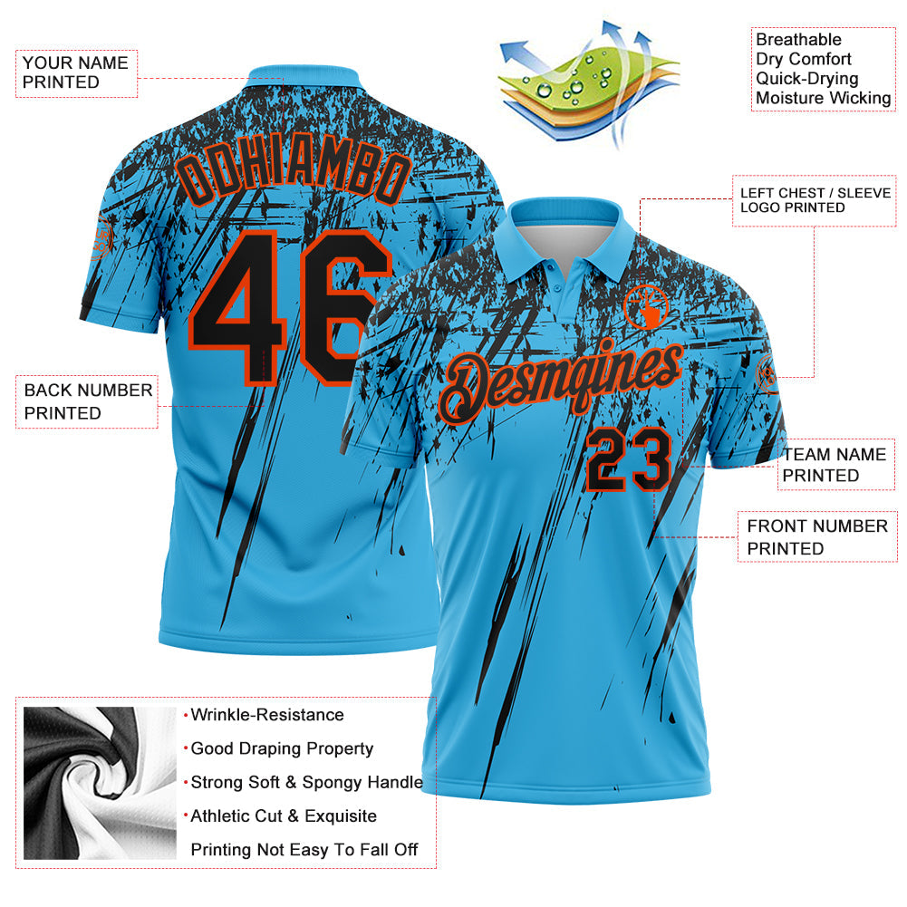 Custom Sky Blue Black-Orange Distressed Scratch Brush Stroke Performance Polo Shirt