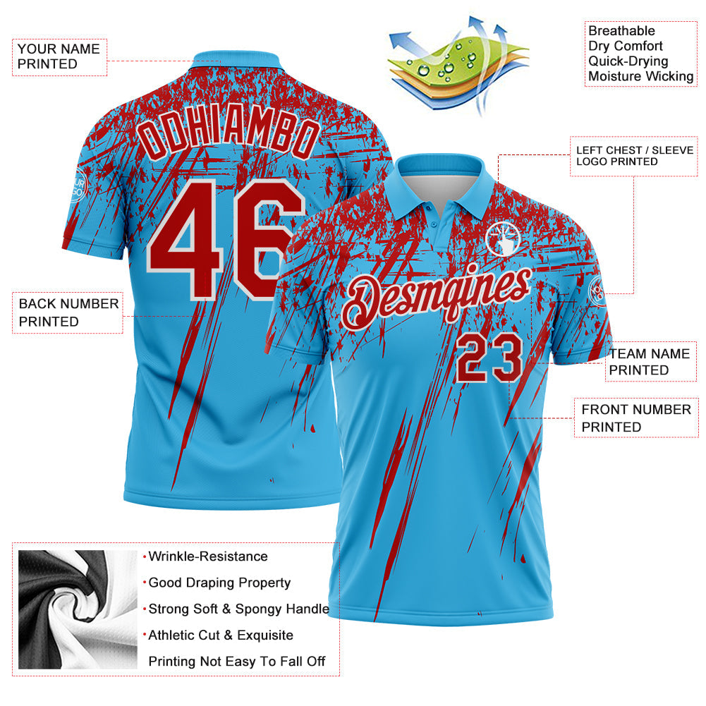Custom Sky Blue Red-White Distressed Scratch Brush Stroke Performance Polo Shirt