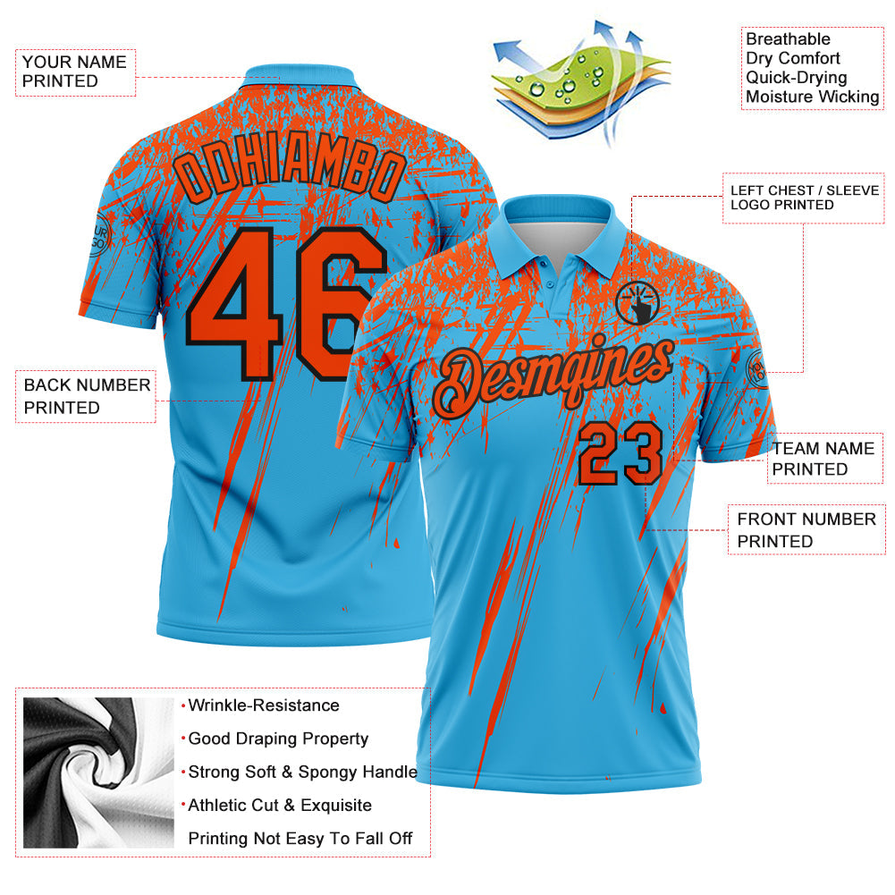 Custom Sky Blue Orange-Black Distressed Scratch Brush Stroke Performance Polo Shirt
