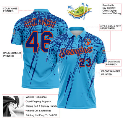 Custom Sky Blue Royal-Orange Distressed Scratch Brush Stroke Performance Polo Shirt