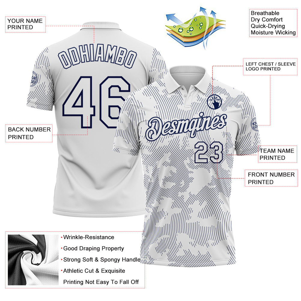 Custom White-Navy 3D Pattern Abstract Fluid Line Performance Polo Shirt