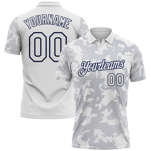 Custom White-Navy 3D Pattern Abstract Fluid Line Performance Polo Shirt