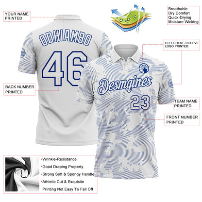 Custom White-Royal 3D Pattern Abstract Fluid Line Performance Polo Shirt