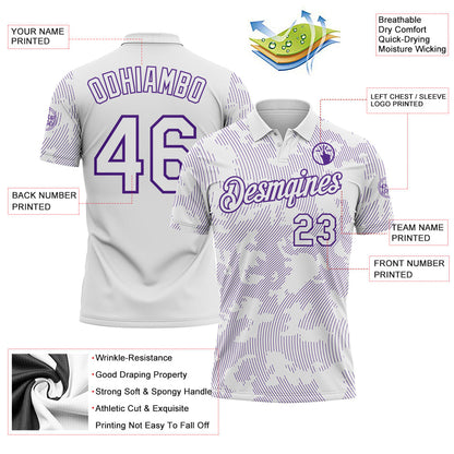 Custom White-Purple 3D Pattern Abstract Fluid Line Performance Polo Shirt