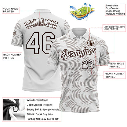 Custom White-Brown 3D Pattern Abstract Fluid Line Performance Polo Shirt