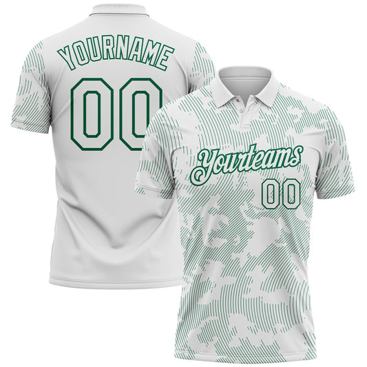 Custom White-Kelly Green 3D Pattern Abstract Fluid Line Performance Polo Shirt