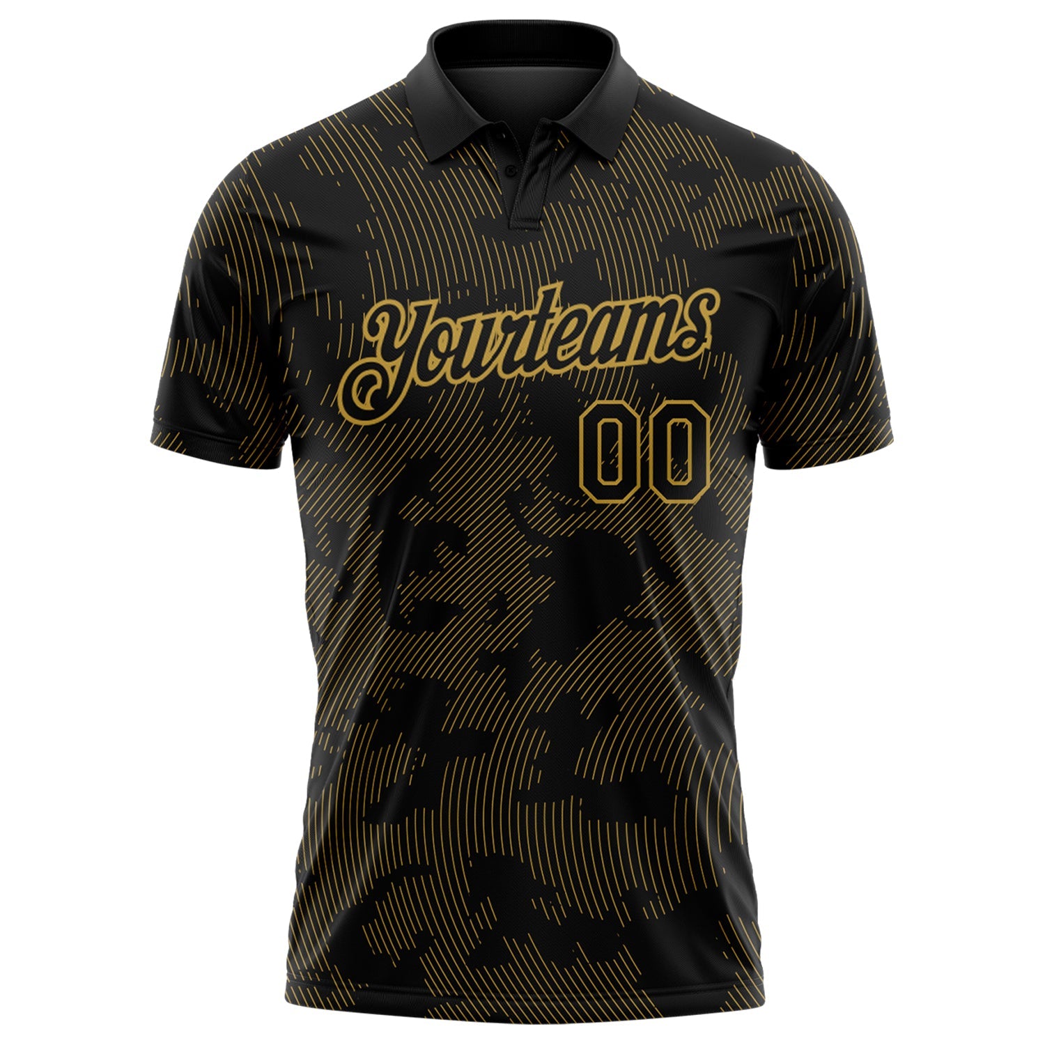 Custom Black-Old Gold 3D Pattern Abstract Fluid Line Performance Polo Shirt