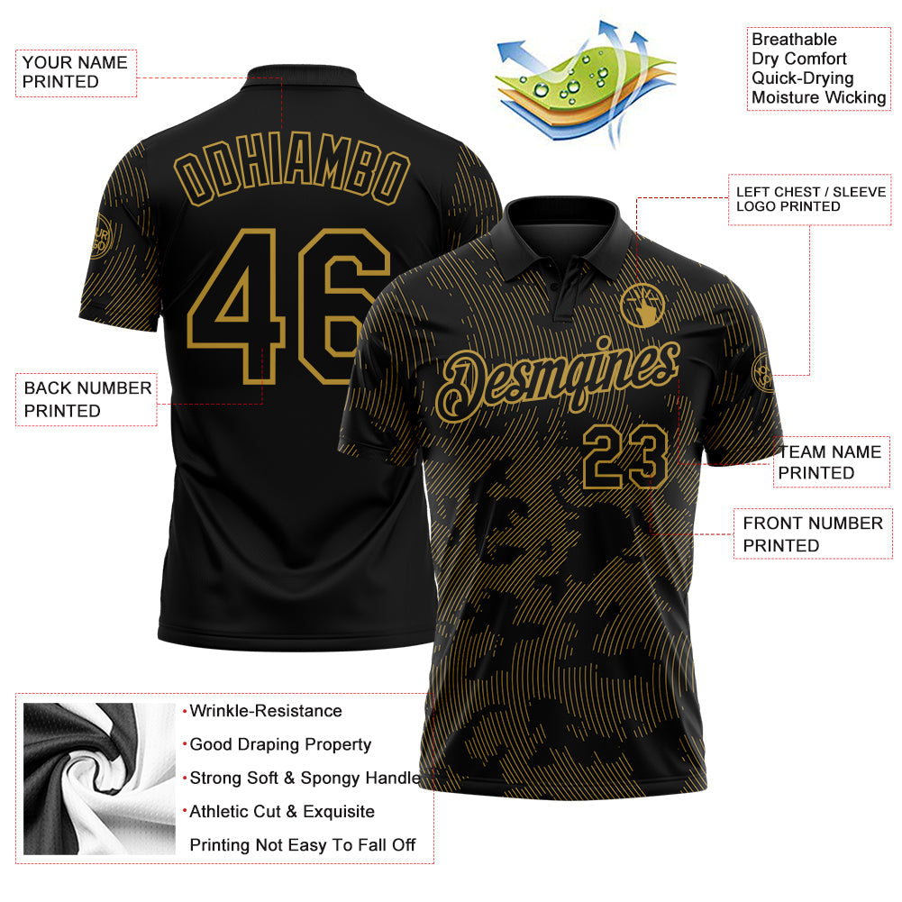 Custom Black-Old Gold 3D Pattern Abstract Fluid Line Performance Polo Shirt