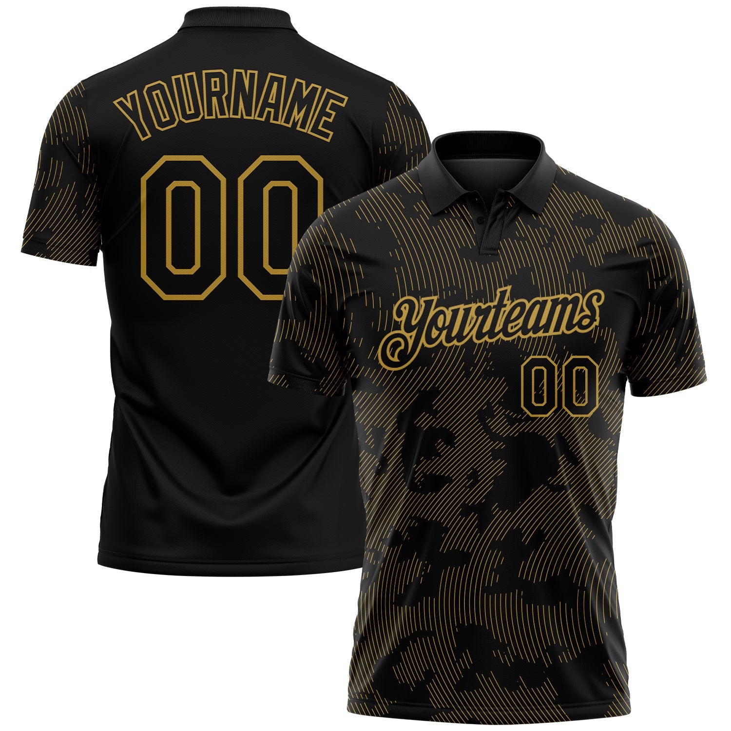 Custom Black-Old Gold 3D Pattern Abstract Fluid Line Performance Polo Shirt