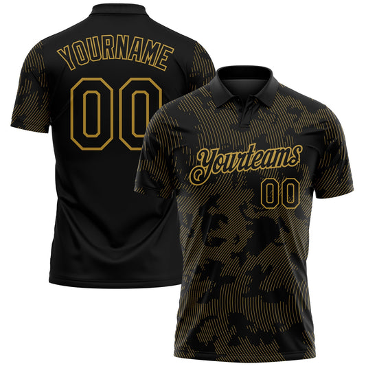 Custom Black-Old Gold 3D Pattern Abstract Fluid Line Performance Polo Shirt