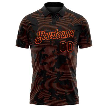 Custom Black-Orange 3D Pattern Abstract Fluid Line Performance Polo Shirt