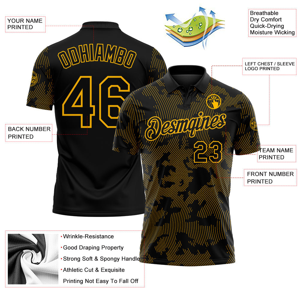 Custom Black-Gold 3D Pattern Abstract Fluid Line Performance Polo Shirt