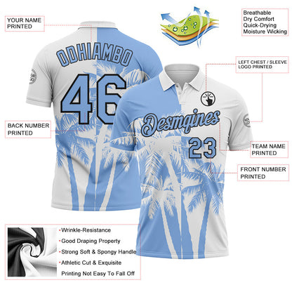 Custom White Light Blue-Black Hawaii Tropical Coastal Palm Trees Performance Polo Shirt