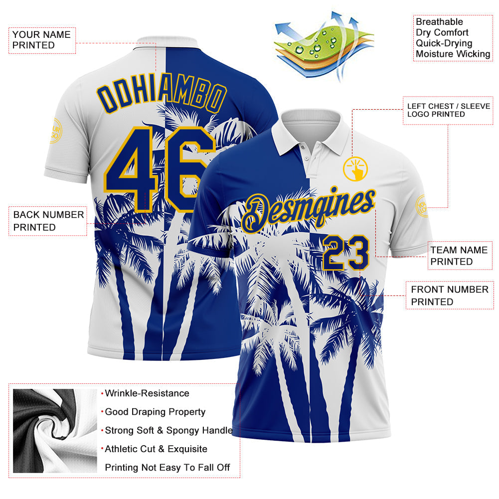 Custom White Royal-Yellow Hawaii Tropical Coastal Palm Trees Performance Polo Shirt