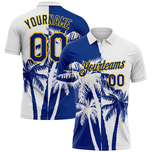 Custom White Royal-Yellow Hawaii Tropical Coastal Palm Trees Performance Polo Shirt