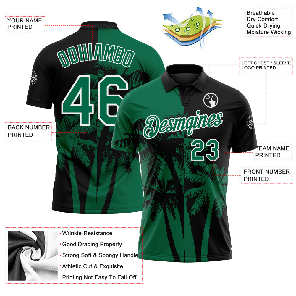 Custom Black Kelly Green-White Hawaii Tropical Coastal Palm Trees Performance Polo Shirt