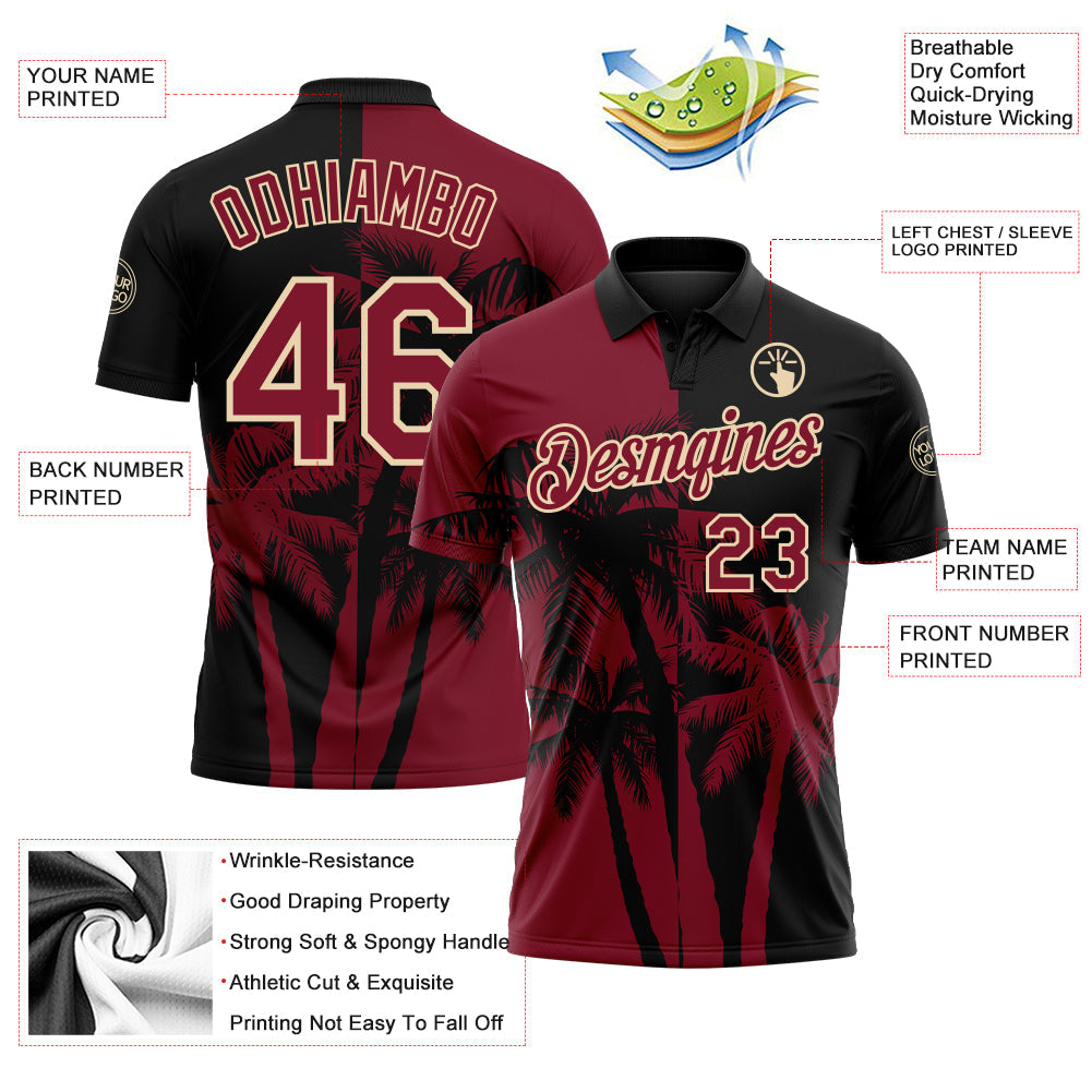 Custom Black Crimson-City Cream Hawaii Tropical Coastal Palm Trees Performance Polo Shirt