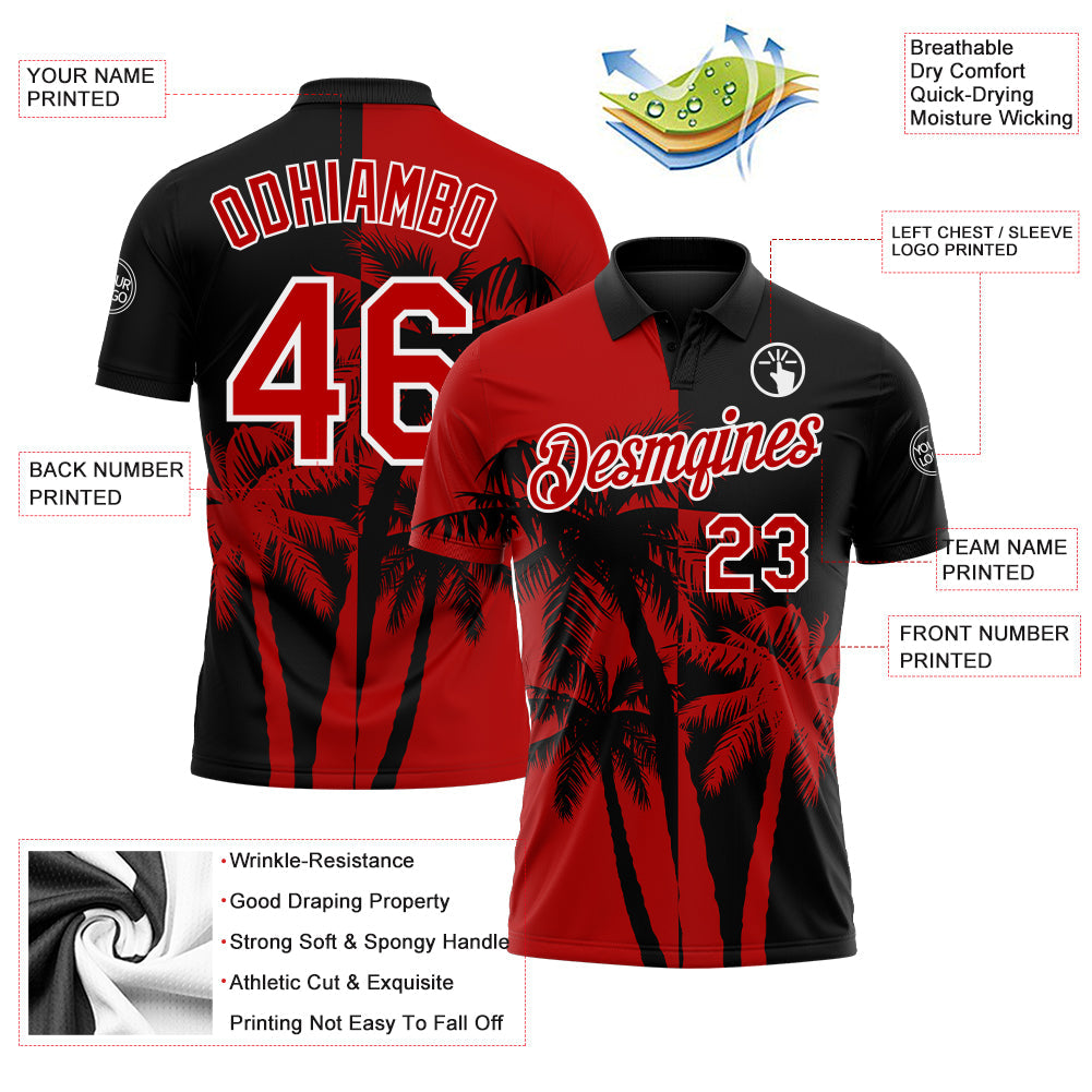 Custom Black Red-White Hawaii Tropical Coastal Palm Trees Performance Polo Shirt