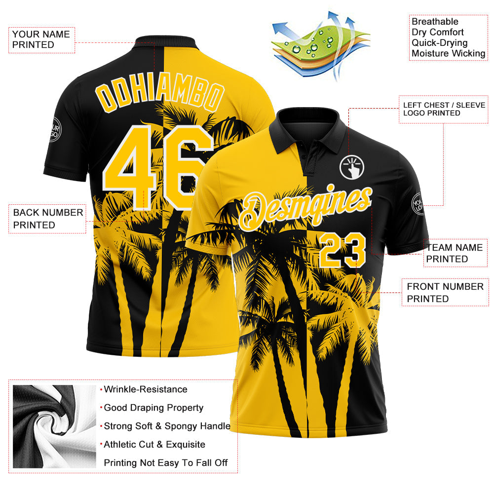 Custom Black Yellow-White Hawaii Tropical Coastal Palm Trees Performance Polo Shirt