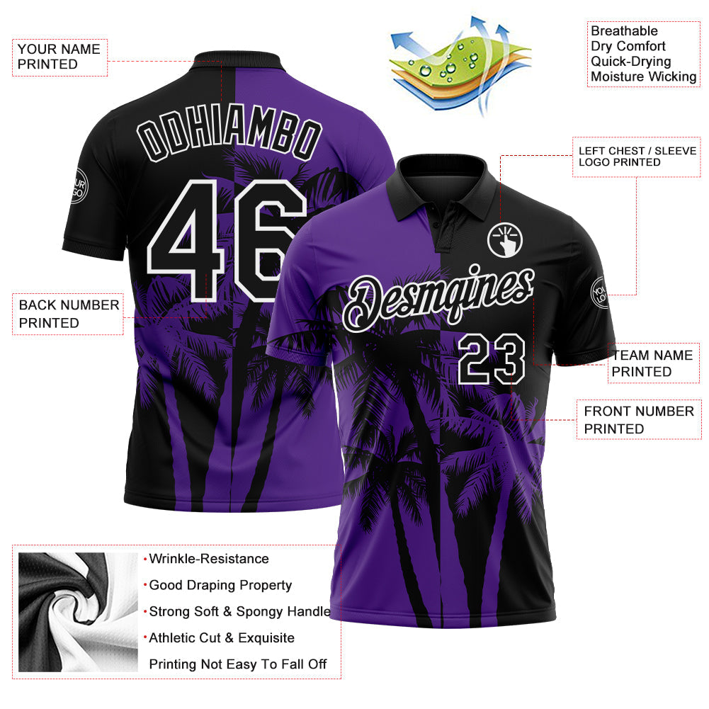 Custom Black Purple-White Hawaii Tropical Coastal Palm Trees Performance Polo Shirt