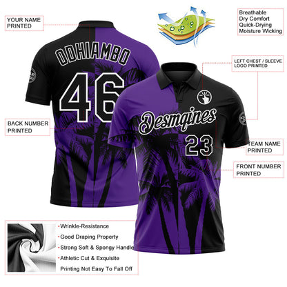 Custom Black Purple-White Hawaii Tropical Coastal Palm Trees Performance Polo Shirt