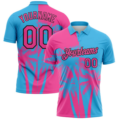 Custom Sky Blue Pink-Black Hawaii Tropical Coastal Palm Trees Performance Polo Shirt