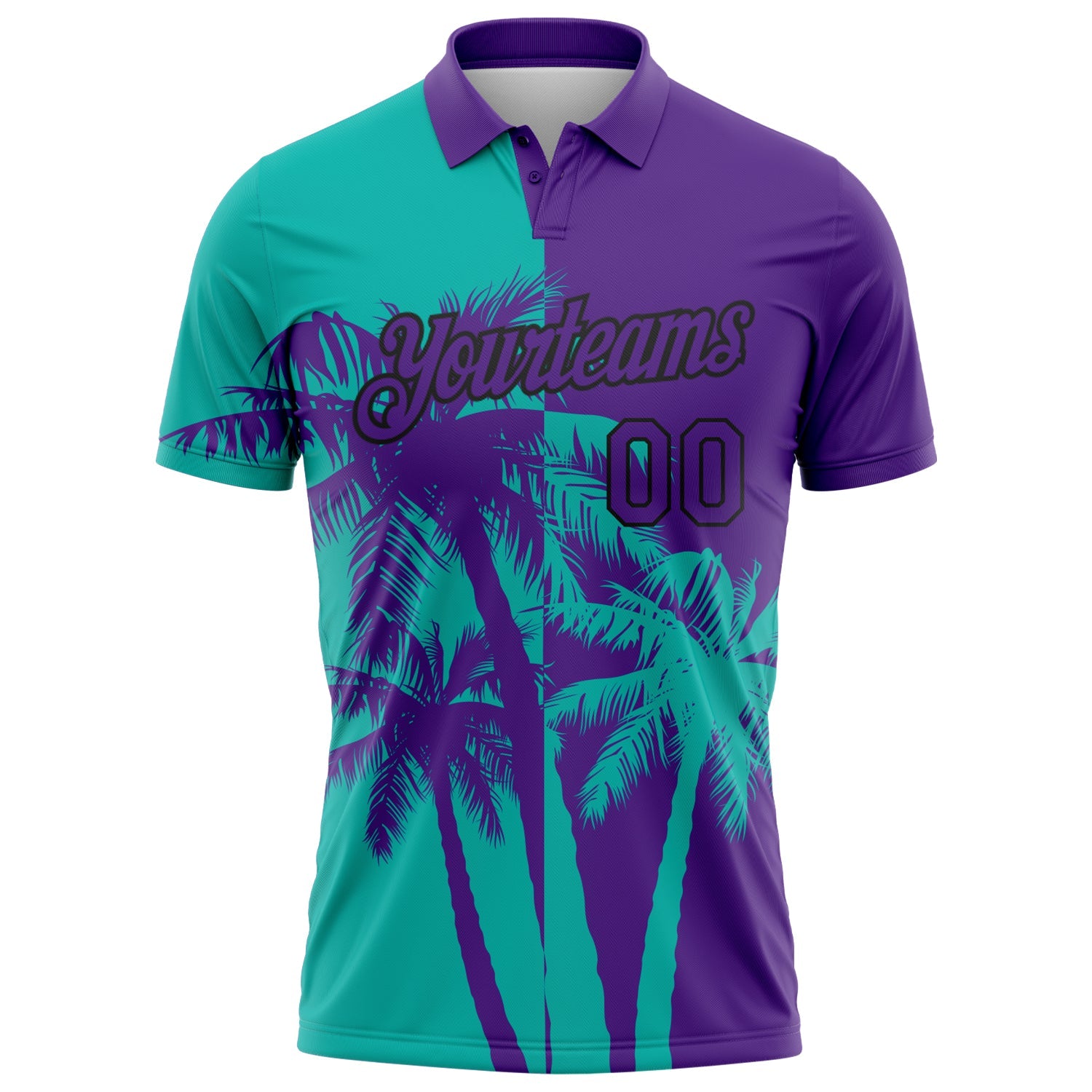 Custom Purple Aqua-Black Hawaii Tropical Coastal Palm Trees Performance Polo Shirt