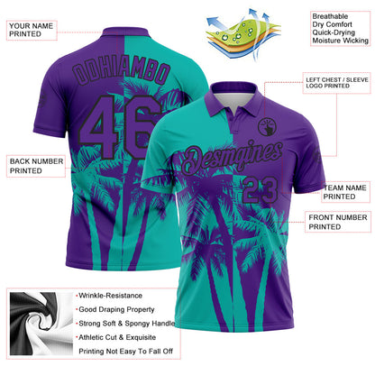 Custom Purple Aqua-Black Hawaii Tropical Coastal Palm Trees Performance Polo Shirt